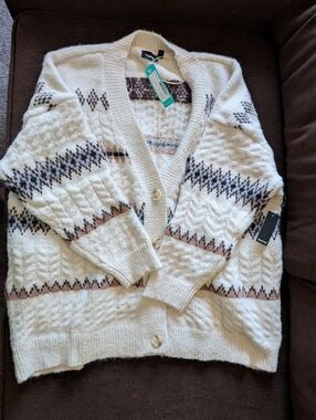 RD Style Ivory Knitted Button-Front Cardigan with Brown and Gray Pattern